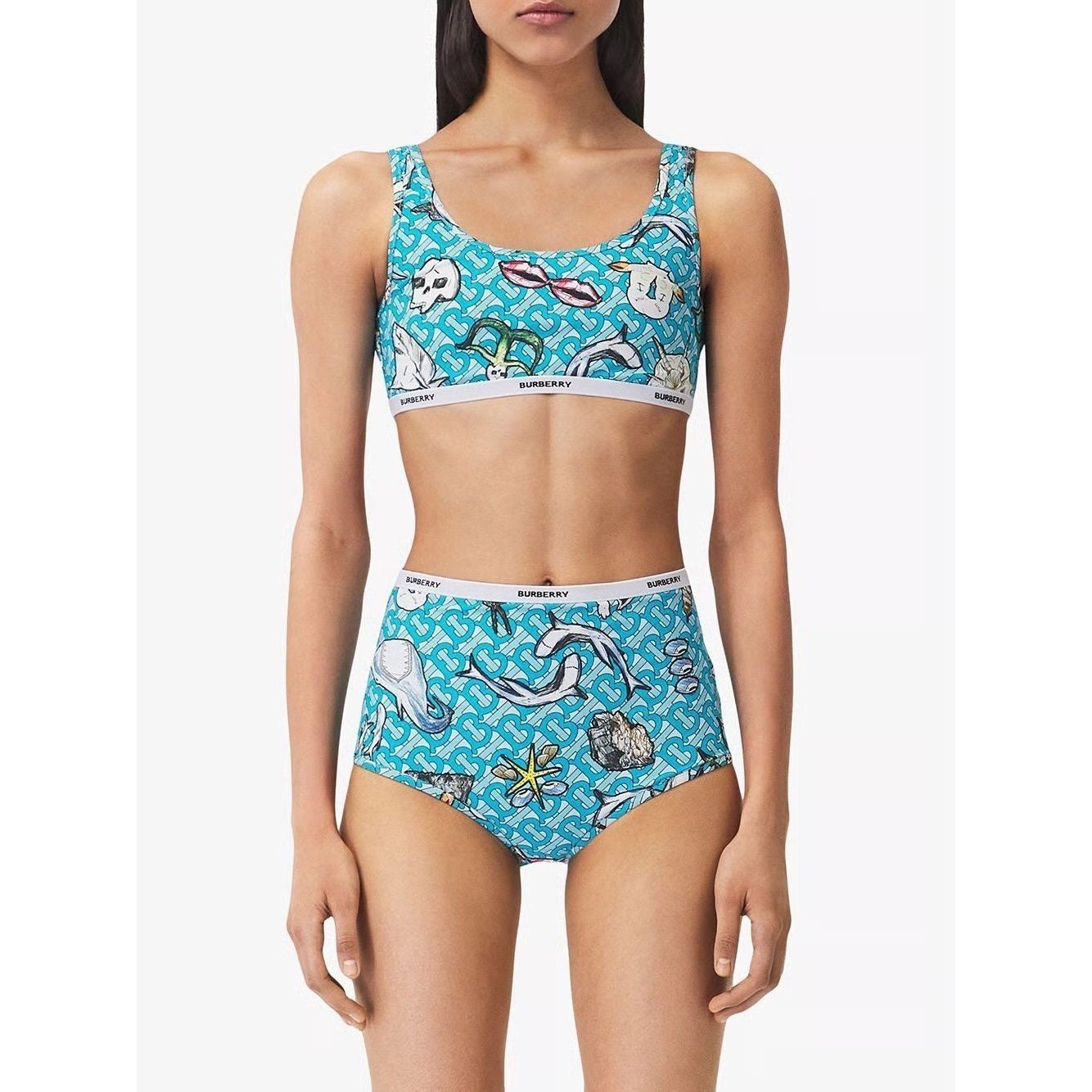 Burberry Tarnie Shark Print Monogram Two Piece Swimsuit Retail $520 Womens